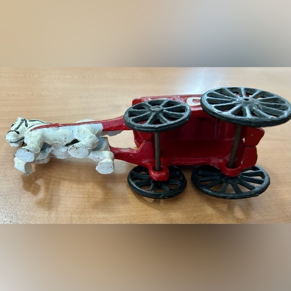 Vintage Cast Iron Toy white Horse with red Ice Wagon Cart - Picture 5 of 8